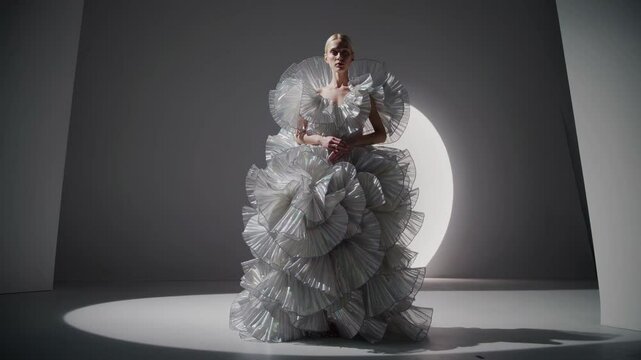 Professional fashion model posing gracefully in a grey studio, illuminated by a large round light, showcasing an elegant, voluminous, iridescent dress that captures attention