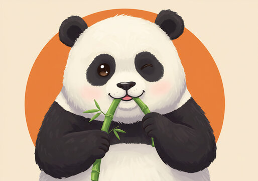 panda eating bamboo, winking, orange background clip art preview