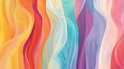 Abstract vertical composition with fluid color gradients in bright rainbow hues of red, orange, yellow, green, blue, and purple. Smooth flowing lines and organic shapes create a dynamic digital backdr