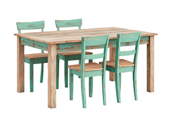 Fototapeta premium Rustic wooden dining table with four chairs, painted in turquoise and beige. Isolated on transparent background.
