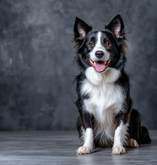 Fototapeta premium happy border collie sitting on gray background, showcasing its playful personality and beautiful coat. This captures joy and charm of this intelligent breed