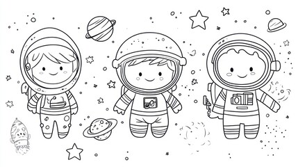 Cute cartoon astronauts in space exploration