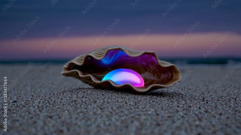 Poster luminous pearl rests within an open seashell on the beach, emitting a vibrant, ethereal glow as the 