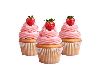 Three strawberry cupcakes with pink frosting on a transparent background. Sweet treats for dessert or party.
