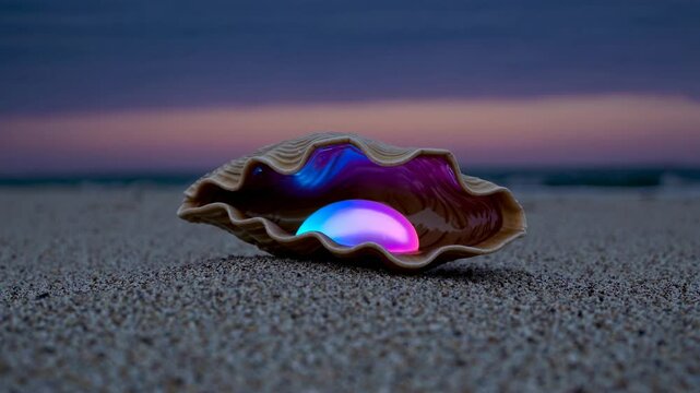 Luminous pearl rests within an open seashell on the beach, emitting a vibrant, ethereal glow as the sun sets over the ocean, creating a magical and serene scene