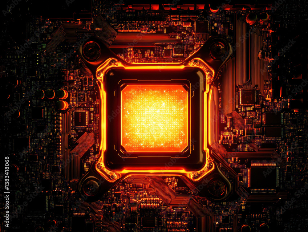 Poster glowing core of a computer chip illuminated in warm colors