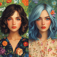 Naklejka premium Two artistic female portraits with vibrant floral elements, intricate patterns, and rich colors. Aesthetic digital illustration ideal for apps, branding, and creative projects.