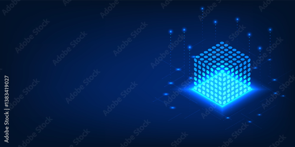 Poster quantum computing technology a light-filled dot box with lines of data that represent quantum comput