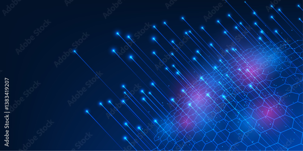 Poster big data technology abstract background. lines rising from hexagonal geometric shapes, representing 