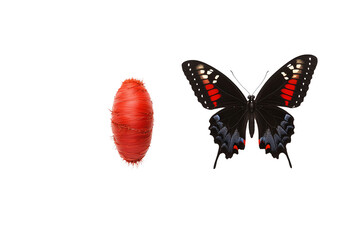 Naklejka premium A vibrant red caterpillar next to a striking black butterfly adorned with red and blue patterns.