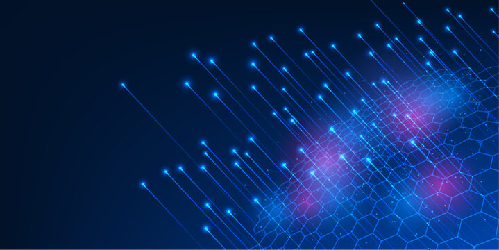 Big Data Technology Abstract Background. Lines rising from hexagonal geometric shapes, representing the increasing volume of data, processing and the potential for data utilization, business and AI.