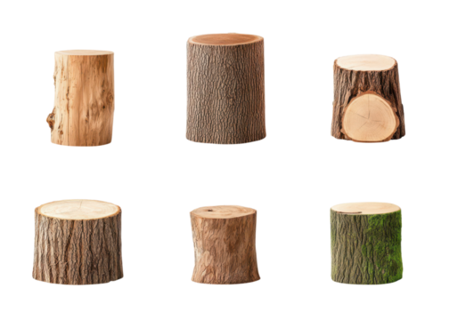 Collection of six tree stumps isolated on transparent background. Concept of nature, wood, and decoration. - Powered by Adobe