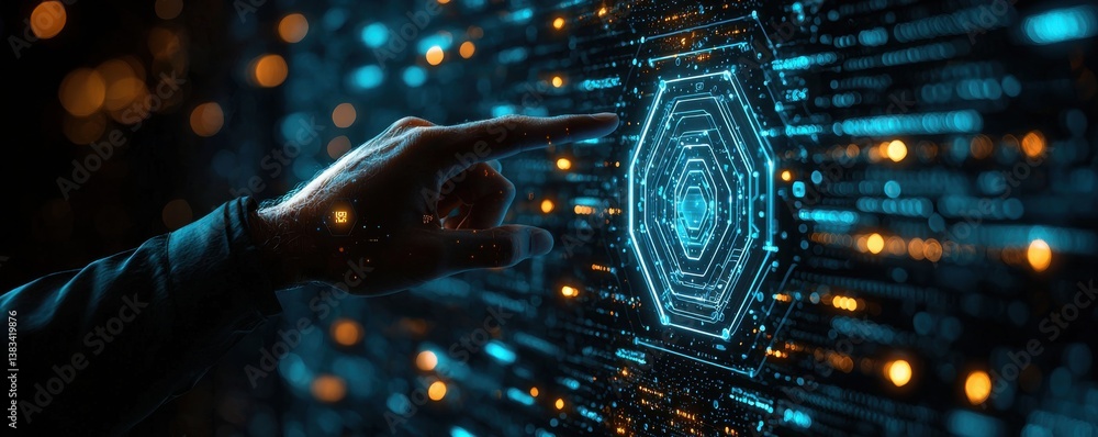 Poster futuristic interaction with digital holographic interface and hexagonal shapes