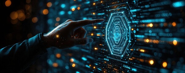 Futuristic interaction with digital holographic interface and hexagonal shapes