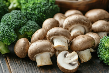Broccoli and mushrooms bunched together on a wooden cutting board, ready for cooking.