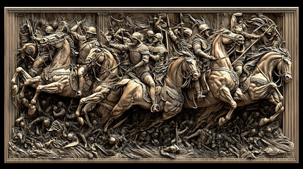 A carved relief depicting a battle scene of soldiers on horses