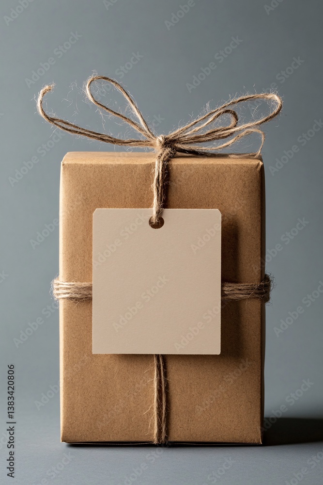 Poster cardboard gift box tied with string with blank gift tag sitting on gray background