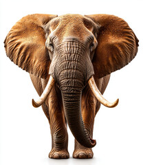 Obraz premium majestic African elephant stands proudly, showcasing its large ears and tusks against white background. This powerful creature embodies strength and grace in wild