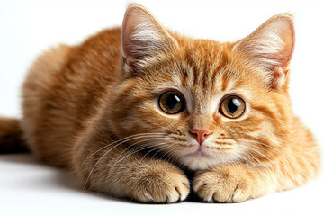 close up portrait of cute orange tabby cat with large eyes, resting on white surface, exuding playful and curious expression