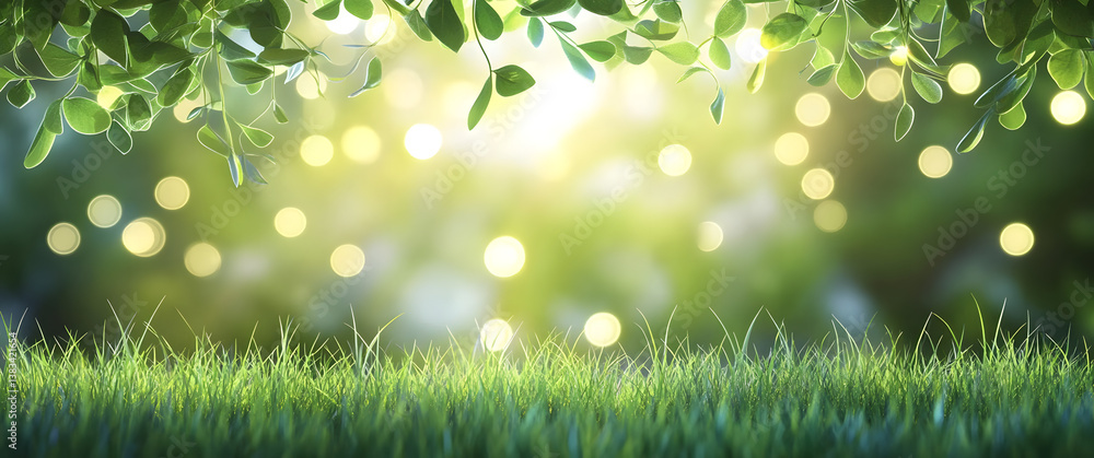 Poster fresh green grass with bokeh light effect in a natural outdoor setting during daylight. soft focus b