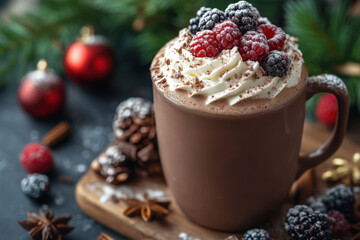 Hot chocolate with whipped cream and berries - Hearty and inviting on a snowy day, with a vibrant red berry topping that adds a burst of color and flavor.