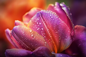 purple tulips in the garden with tiny dewdrops rest on the petals