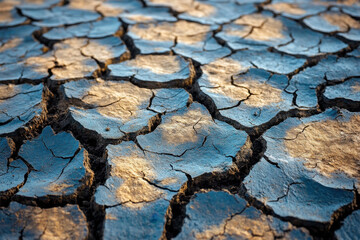 Cracked surface with dry, barren soil, under a scorching sun.