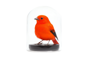 A vibrant orange bird is displayed under a glass dome, showcasing its detailed feathers and lifelike appearance.