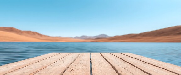 A serene wooden dock extends over calm water, framed by a backdrop of sandy hills and clear blue skies, evoking tranquility and nature's beauty.