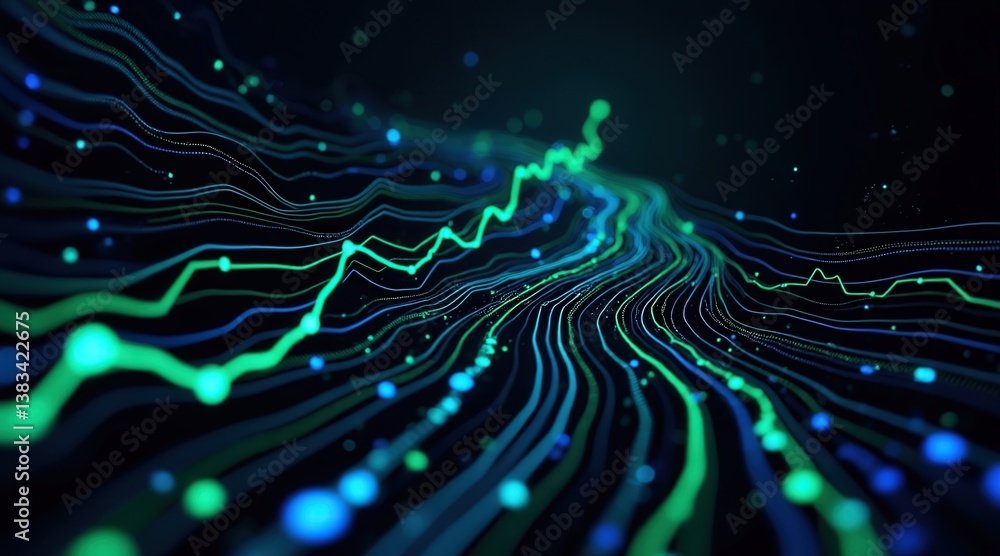 Fototapete Digital Banking Concept. Abstract colorful lines with glowing dots on a dark background.