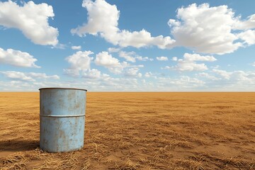 A rusted blue barrel stands alone on a barren landscape under a vast sky filled with fluffy clouds, highlighting themes of isolation and environmental decay.