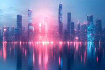 Futuristic cityscape reflecting vibrant neon lights on a mirrored surface