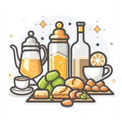 Breakfast spread of tea, juice, pastries, and nuts