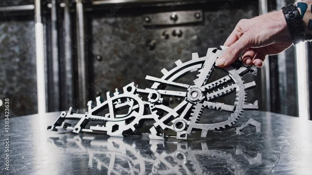 Poster engineer is displaying a newly 3d-printed metal prototype featuring intricate gears, showcasing the 