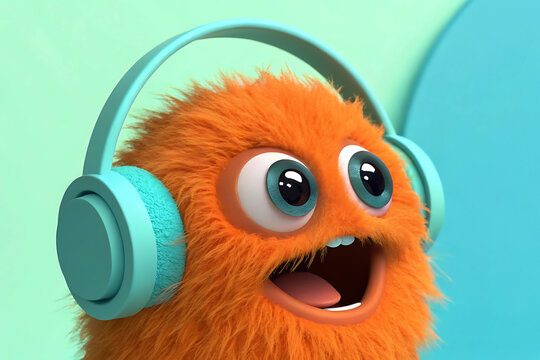 A joyful orange fuzzball enjoys its favorite tunes, wearing teal headphones against a vibrant mint backdrop.