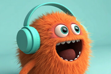 A joyful orange monster with teal headphones, experiencing pure auditory bliss against a serene mint background.
