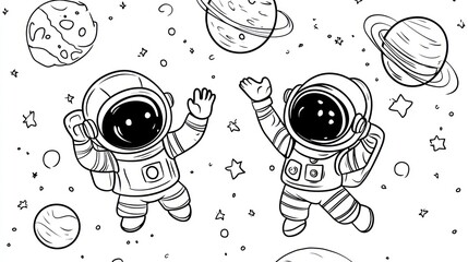 Cartoon astronauts floating in space