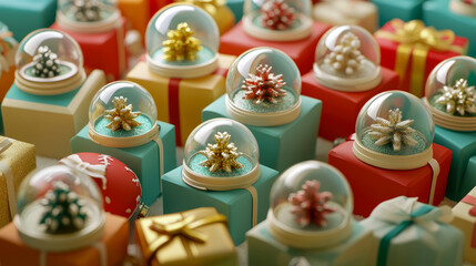 Fototapeta premium Festive Holiday: snow globes with miniature xmas tree and presents, joyful christmas season present arrangement for print, card, poster