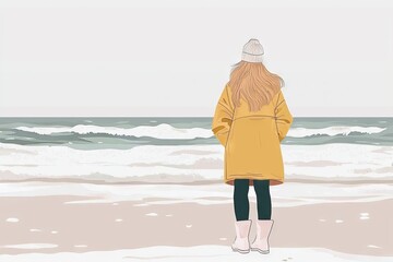 A solitary figure on a beach, lost in thought as they gaze out at the horizon, is the subject of this art piece, conveying a sense of yearning