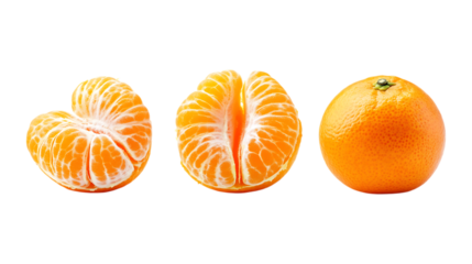 Mandarin segments and a whole peeled fruit are displayed in a row showcasing citrus preparation ready for healthy eating marketing isolated.