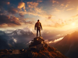 A Moment of Triumph: A lone figure stands atop a rocky summit, a silhouette against the breathtaking backdrop of majestic mountains and a dramatic sunset.