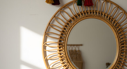 Elegant Rattan Mirror with Tassels in a Stylish Home Interior Setting