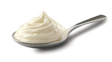 A spoonful of thick, rich mayonnaise resting on a white surface, showcasing its glossy texture.