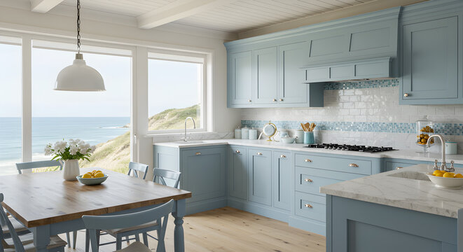 Stylish Coastal Kitchen Design with Blue Cabinets and Ocean View