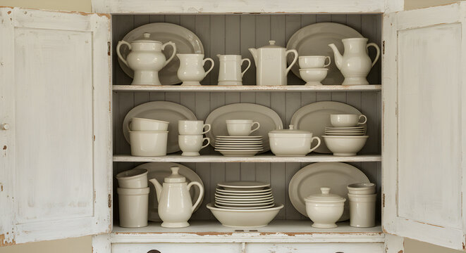 Rustic White Cabinet Showcasing Vintage Ironstone Dishes on Open Shelves