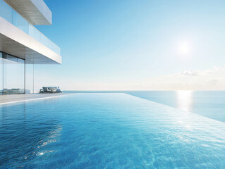 Infinity pool overlooks calm ocean under clear blue sky