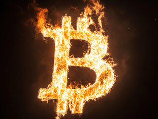 Bitcoin symbol aflame at night showcasing cryptocurrency's intensity