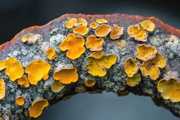 Rusty metal ring covered in vibrant orange-yellow lichen