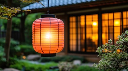 Illuminated paper lantern hangs in a Japanese garden at dusk, by a traditional house