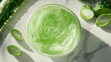 Obraz premium Aloe vera gel in a clear bowl, placed beside sliced aloe leaves, showcasing its organic skincare properties